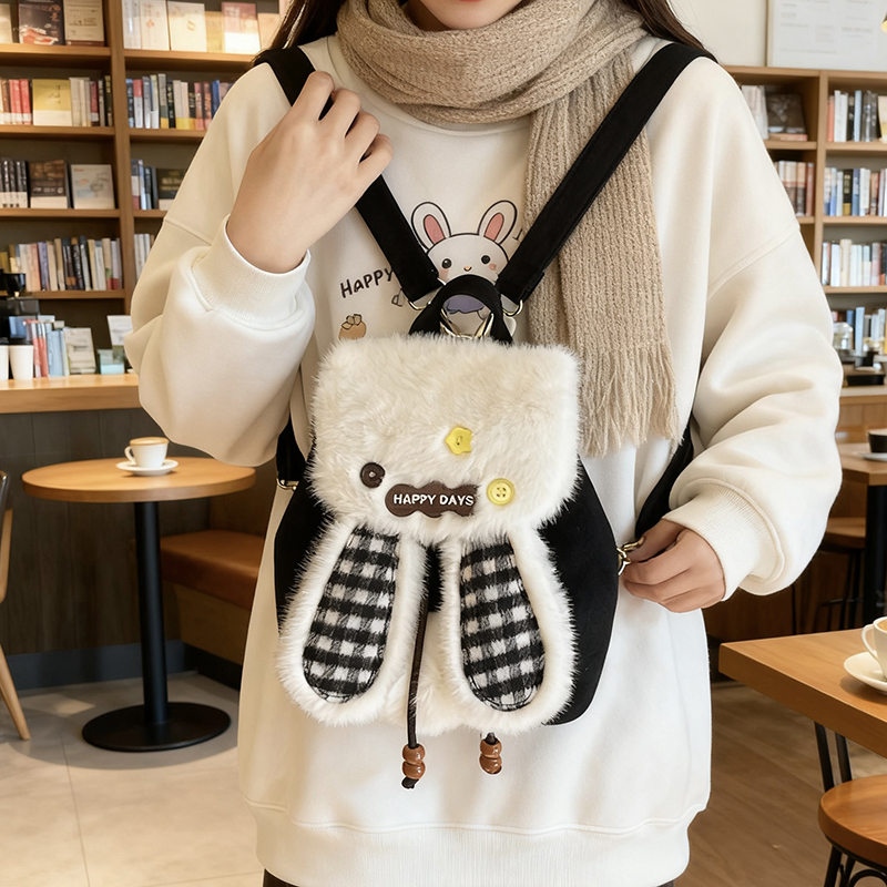 可爱兔耳朵毛毛双肩包女