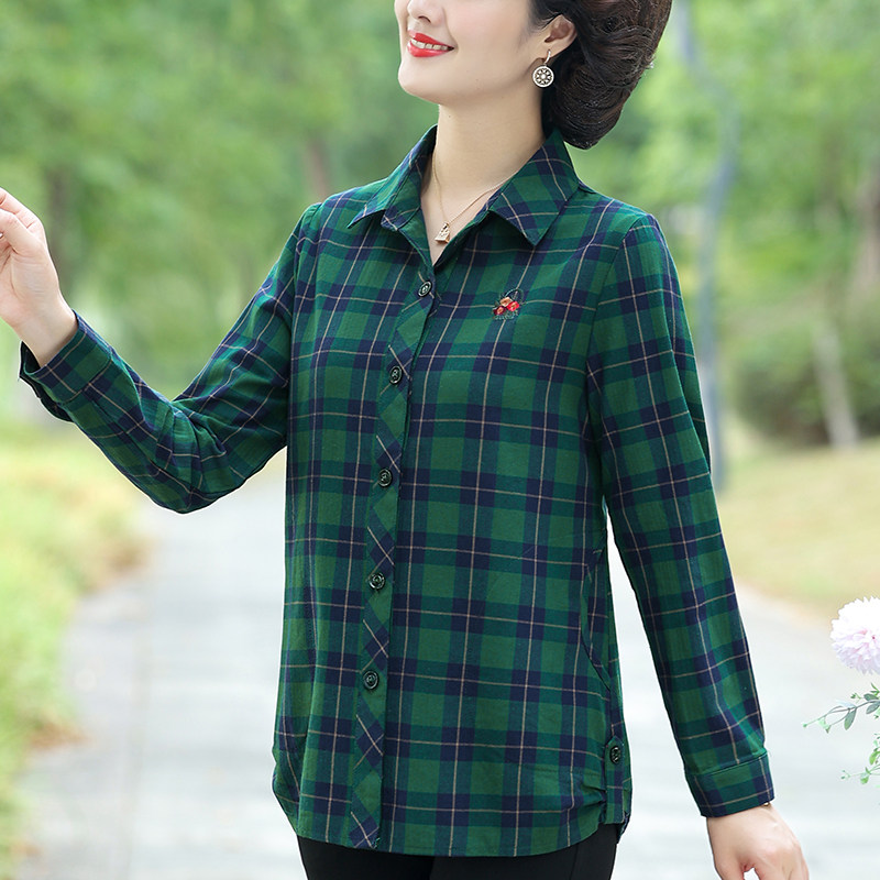 全棉格子衬衫女长袖中老年女装修身显瘦开衫上衣妈妈春秋纯棉衬衣