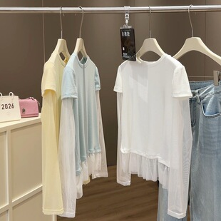 修身 韩版 2026新款 t恤女夏季 显瘦圆领休闲上衣 假两件网纱拼接长袖