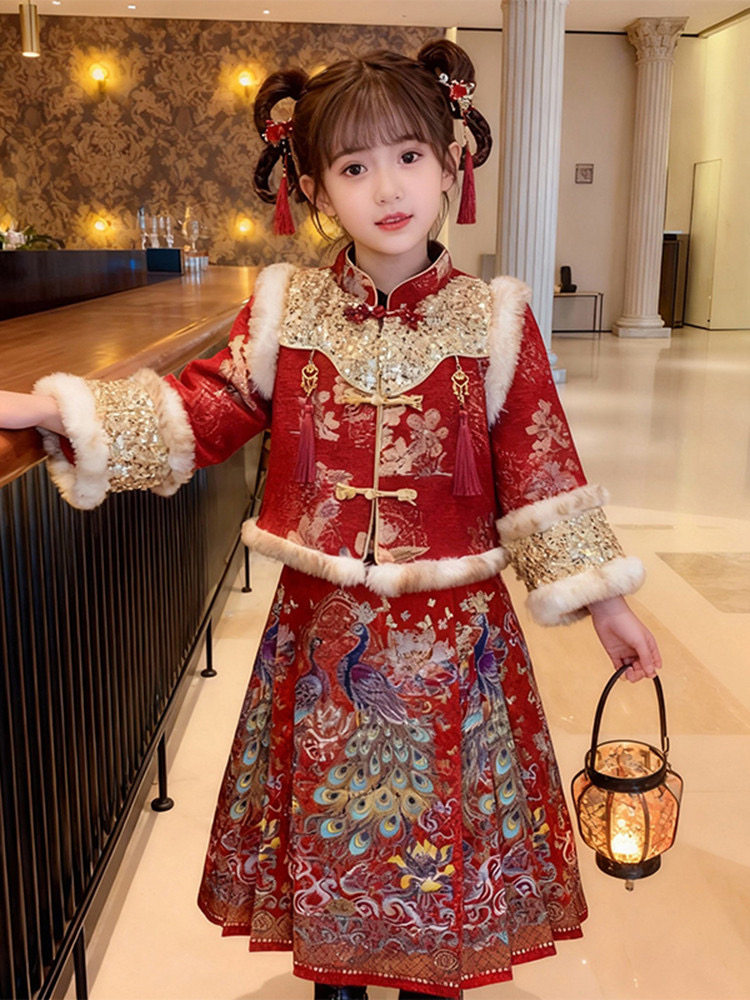 女童汉服新中式儿童马面裙套装冬装2025新款女孩国风新年装拜年服