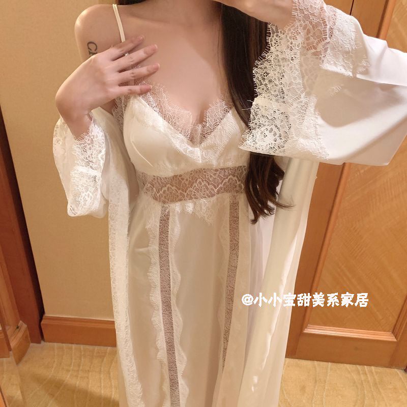 法式带胸垫纯欲高级感丝绸性感拼接蕾丝中长款吊带睡裙睡袍家居服