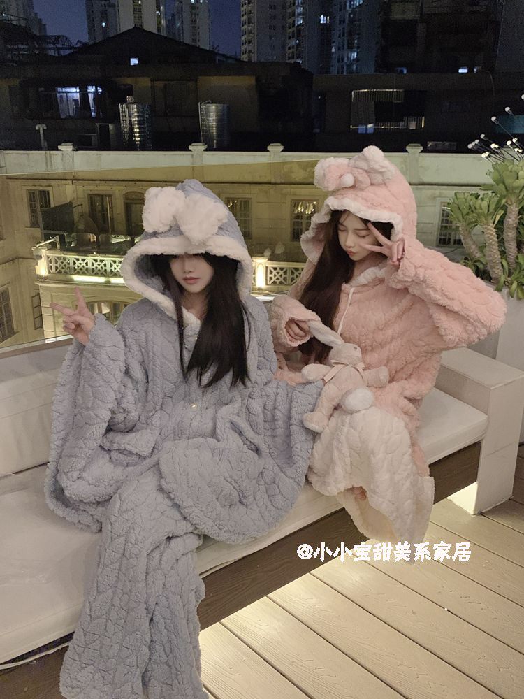 CUTE HOODED BOW PAJAMAS WOMENS AUTUMN WINTER THICKENED FLANNEL SWEET MIDI LENGTH DRESSING GOWN BATHROBE LOUNGEWEAR