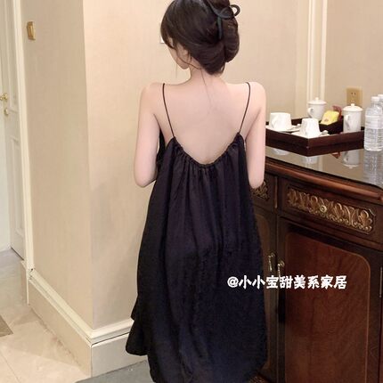 夏季新款法式高级感露背吊带睡裙中长款冰丝纯欲风性感睡衣家居服