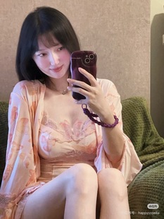 法式 新款 纯欲风睡衣女带胸垫吊带冰丝睡裙睡袍性感蕾丝蝴蝶家居服