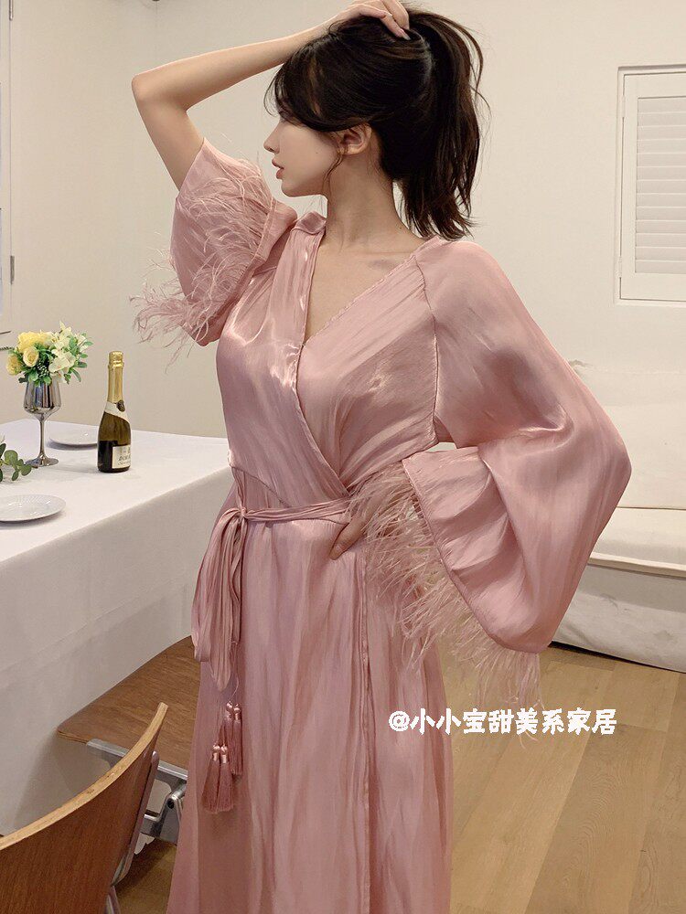 NICHE LUXURY GODDESS DRESSING GOWN HIGH-END SENSE STREAMER DESIGN FEATHER MORNING ROBE ELONGATED BRIDAL WEDDING PAJAMA GIRL