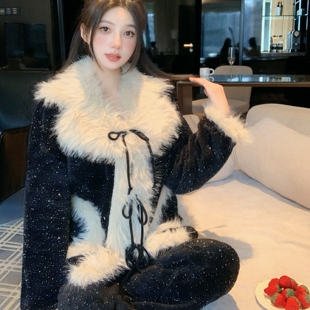 洋气时尚网红毛领珊瑚绒睡衣女冬加厚法兰绒大翻领可外穿家居服