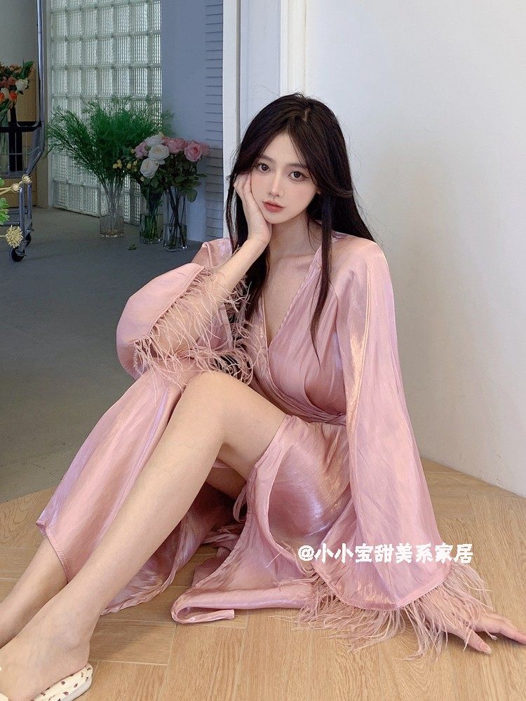 NICHE LUXURY GODDESS DRESSING GOWN HIGH-END SENSE STREAMER DESIGN FEATHER MORNING ROBE ELONGATED BRIDAL WEDDING PAJAMA GIRL