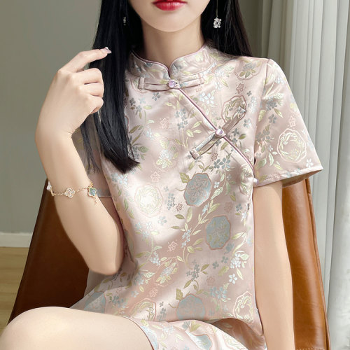 2026夏季新中式立领印花连衣裙女士短袖A字裙通勤时尚气质旗袍裙