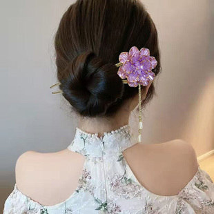 复古紫牡丹花U型发簪高级夏季气质发钗步摇高贵旗袍汉服簪子头饰