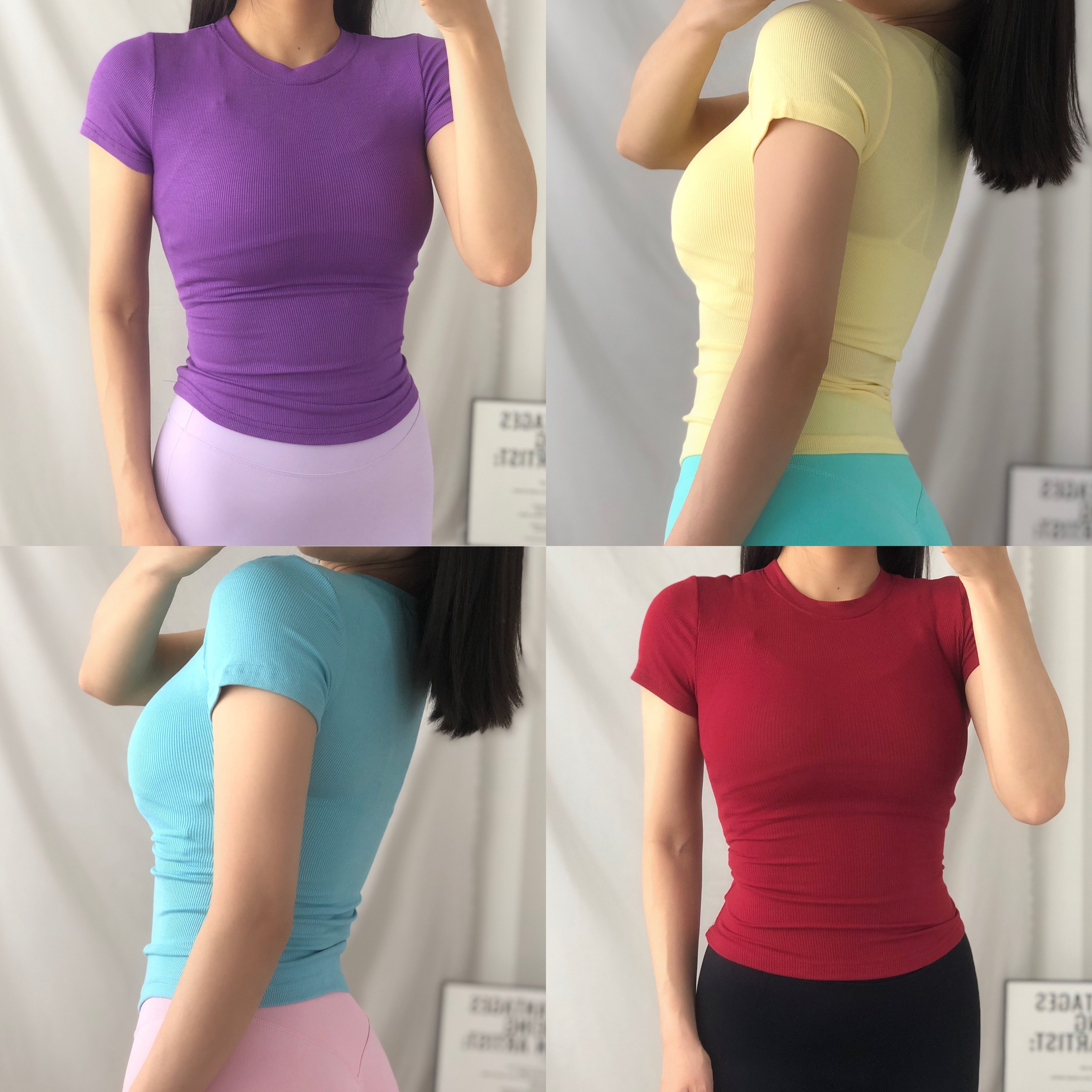 欧美彩色圆领针织紧身健身短袖T恤多巴胺运动女式瑜伽上衣夏新款