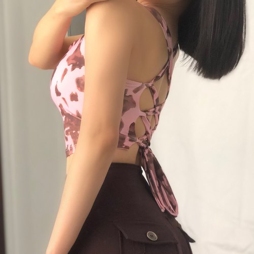 豹纹带胸垫健身背心女