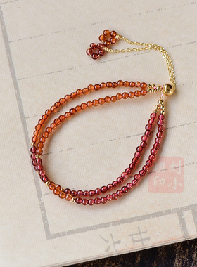 女士酒红橙红石榴石14K时尚双圈