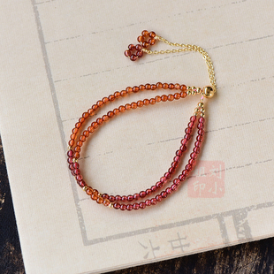 天然石榴石手链水晶14k包金酒红 橙红色石榴石手串小众设计女饰品
