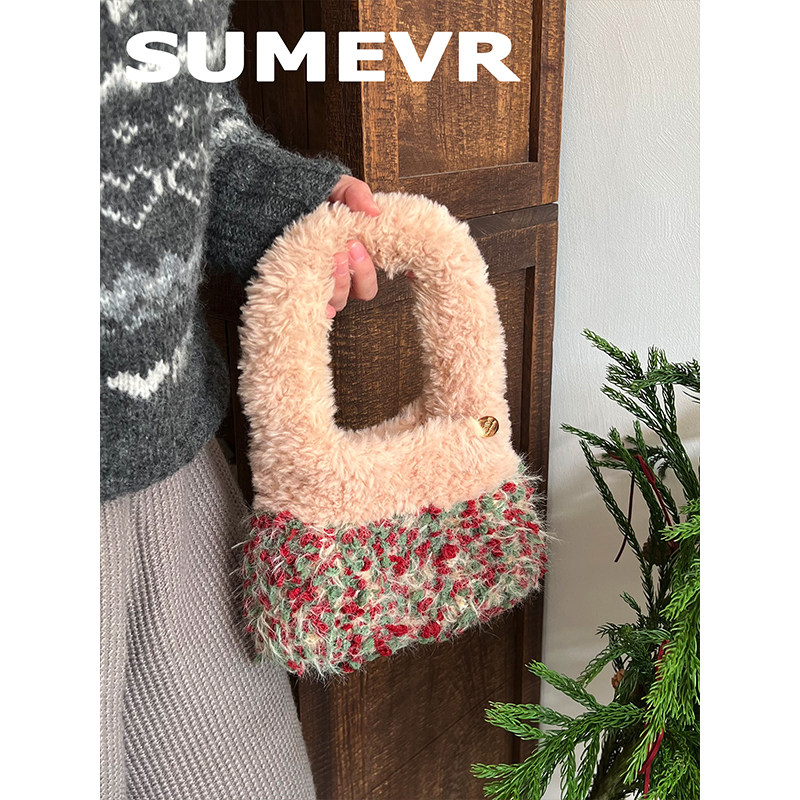 SummerEver &ldquo;圣诞莓果&rdquo;复古纯手工胖手柄手提包单肩包毛绒包