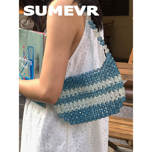 SummerEver  “海浪条纹”手工串珠编织单肩包斜跨度假包