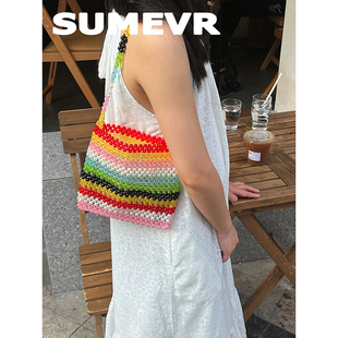 SummerEver 彩条混色重工条纹手工串珠单肩包度假包
