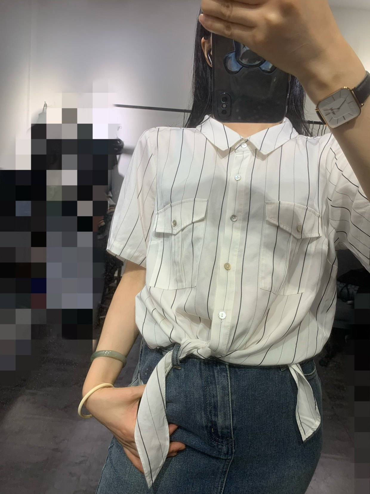 原单贵系设计感打结气质天丝垂感凉快竖条短袖衬衫女T恤上衣夏