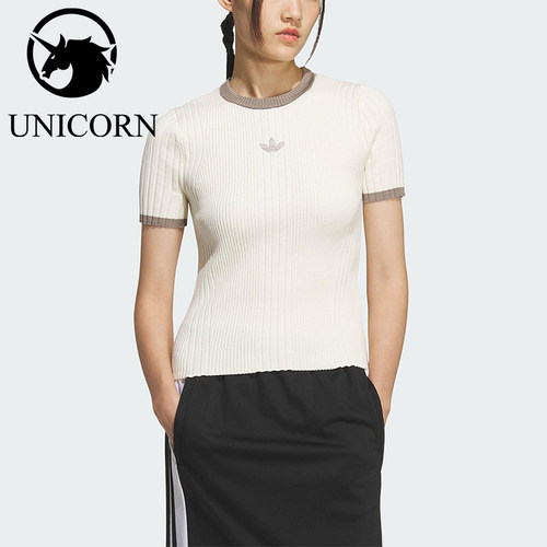 Adidas/阿迪达斯正品三叶草女士运动针织休闲修身日常短袖KS8494