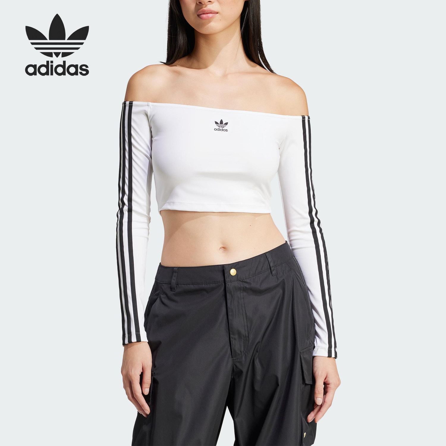 Adidas/阿迪达斯正品三叶草女士短款经典透气一字肩长袖JD0275