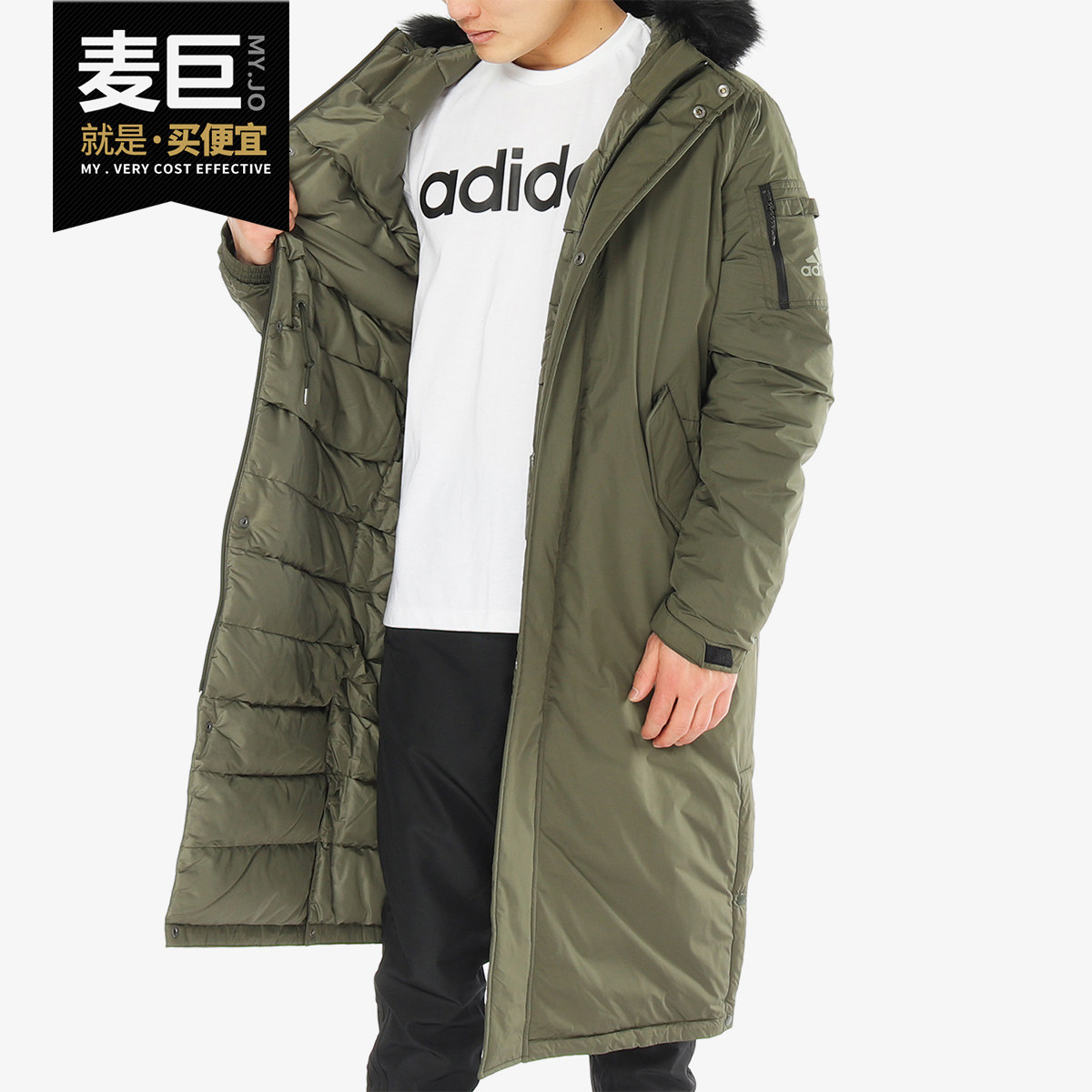 阿迪达斯户外长款毛领风衣羽绒服
