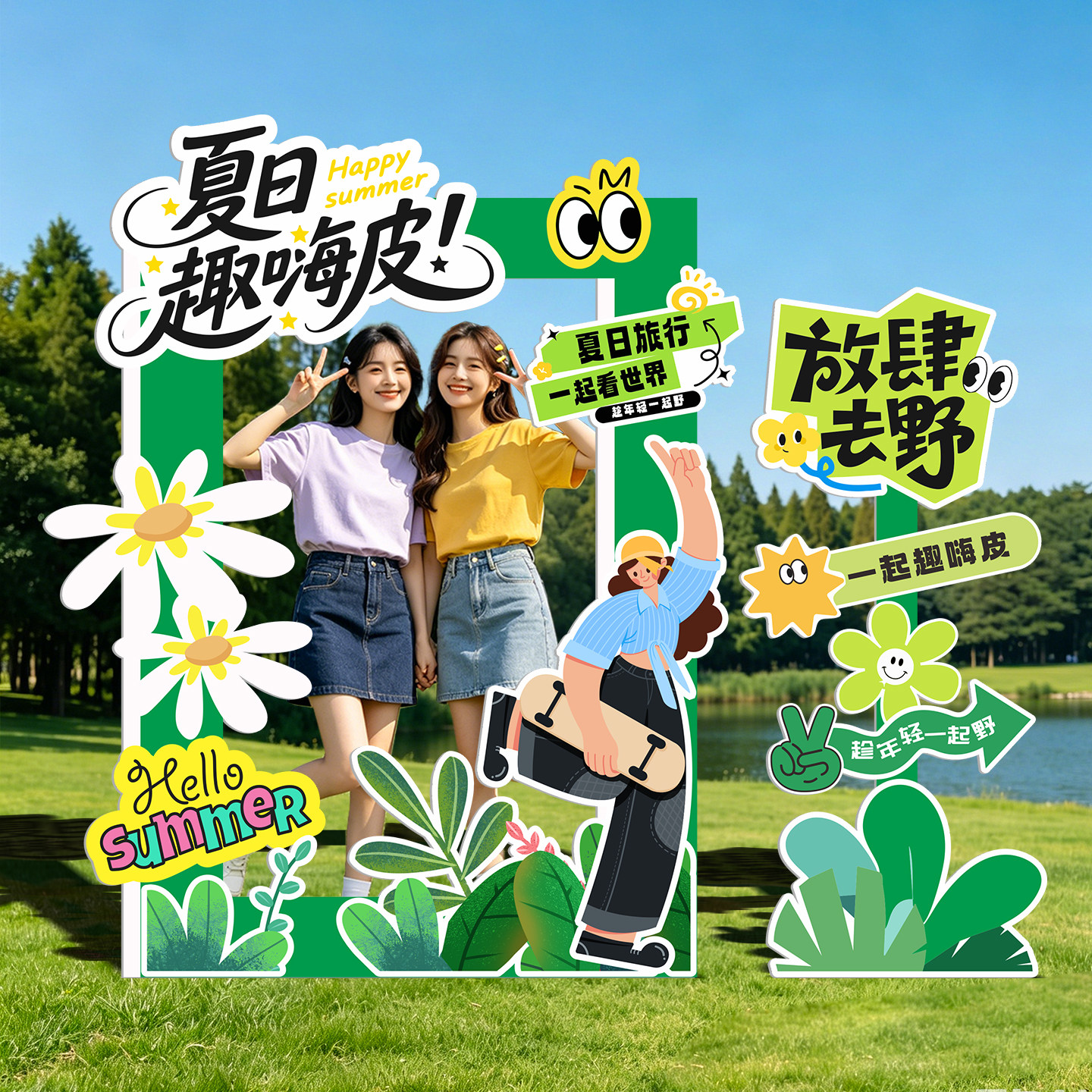 夏季露营户外布置KT板拍照框立牌