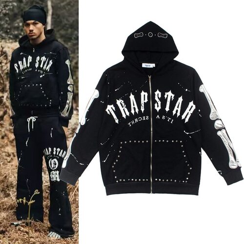 美式潮牌trapstar联名款泼墨骨头刺绣烫钻钮钉拉链开胸连帽卫衣