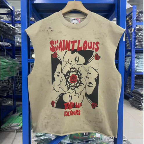 美式街头做旧水洗宽松印花背心