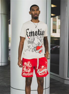 MIXED EMOTION字母丘比特印花高街潮流休闲短袖T恤短裤夏季套装潮