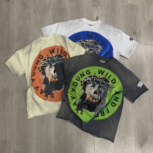 RoughPlay白墨直喷烫钻宽松T恤衫美式街头嘻哈摇滚风洗水做旧短袖