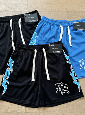 MIXED EMOTION美式高街火焰印花宽松休闲运动网眼男女五分裤短裤