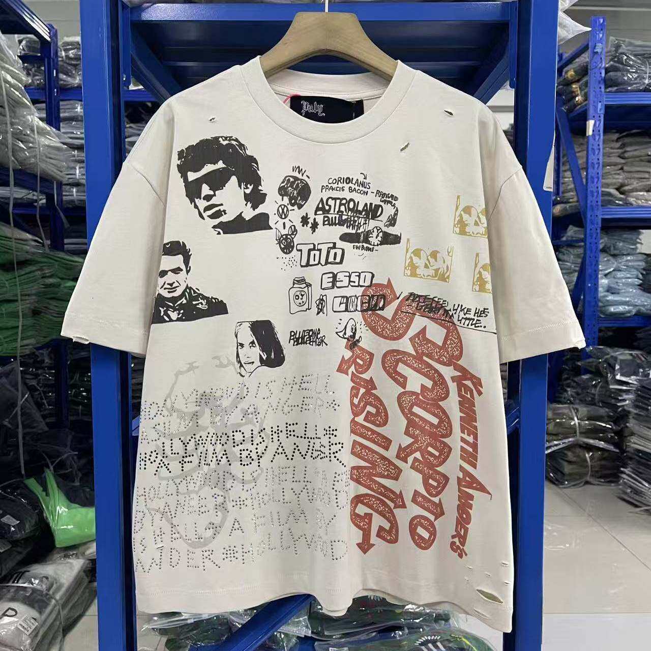 Paly Hollywood美式复古短袖男女街头烫钻宽松休闲纯棉T恤衫