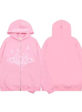 broken planet粉色拉链外套秋冬加绒保暖男女连帽开衫高街卫衣 潮