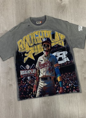 Roughplay美式复古男女宽松休闲纯棉烫钻潮牌上衣做旧水洗短袖T恤