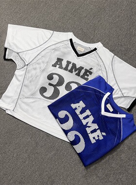 AIME LEON DORE夏季宽松透气网眼T恤衫INS运动休闲V领球衣风短袖