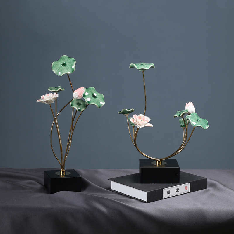 新中式并蒂莲荷花摆件高档清新玄关柜电视柜办公室茶室轻奢装饰品,家居饰品,户外/庭院摆件,淘宝优惠券,粉丝福利购,淘宝优惠卷