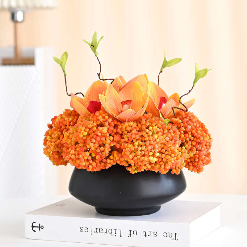 酒店餐桌花摆花大圆桌中间装饰摆件假花餐厅台面转盘摆设仿真花艺