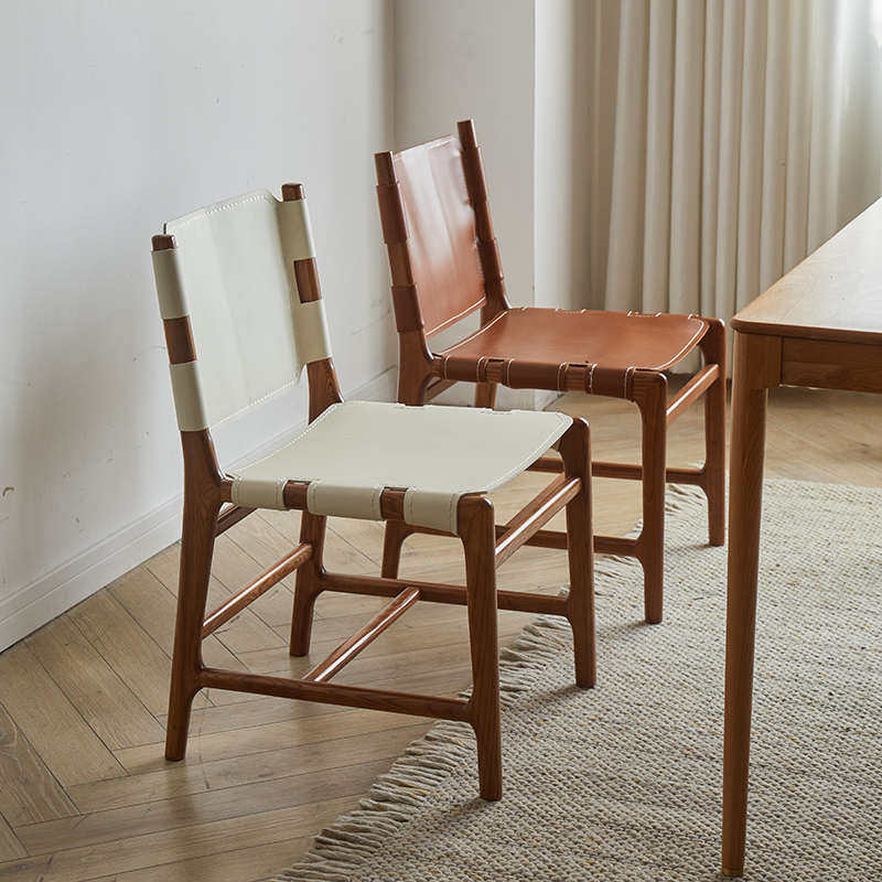 小兔匠北欧实木马鞍皮餐椅家用复古餐厅皮革胡桃做旧轻奢休闲椅