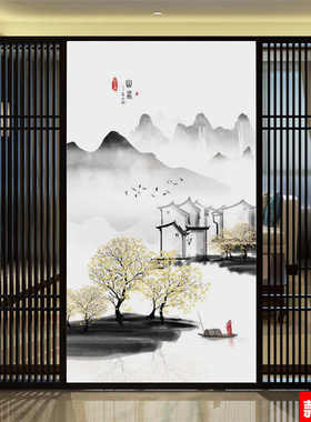 中式8D立体水墨玄关壁画意境山水走廊过道背景墙壁纸江南水乡壁布