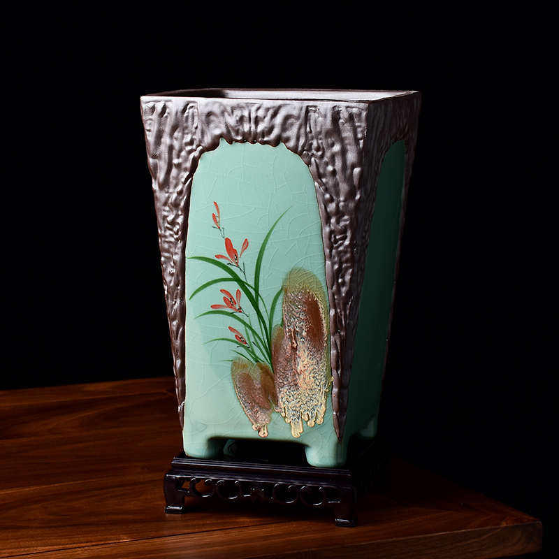 特大号兰花花盆陶瓷紫砂四方形青瓷手绘高款中国风创意室内盆景盆