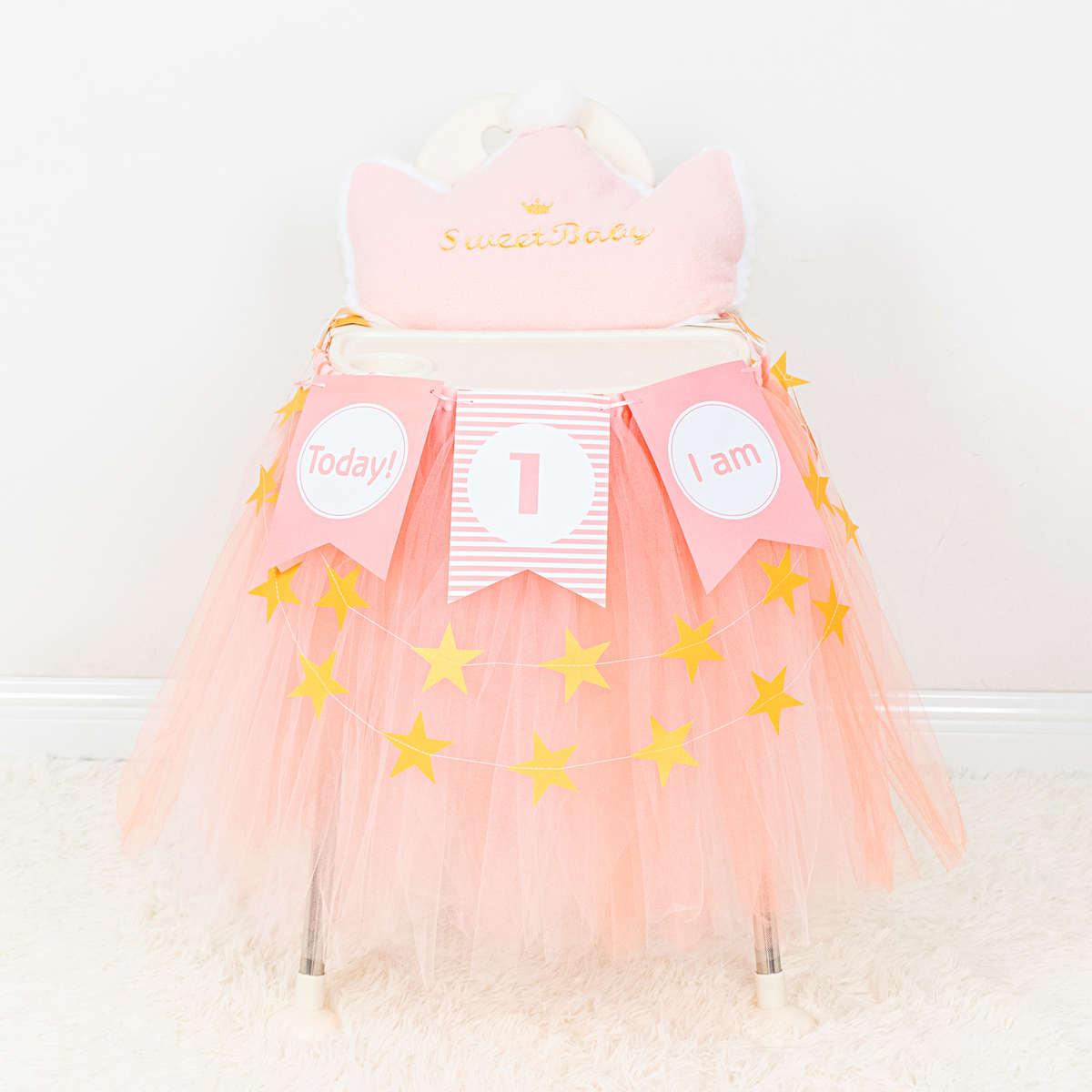 1男女宝宝一周岁生日tutu纱儿童餐椅裙装饰用品趴体布置麻布拉