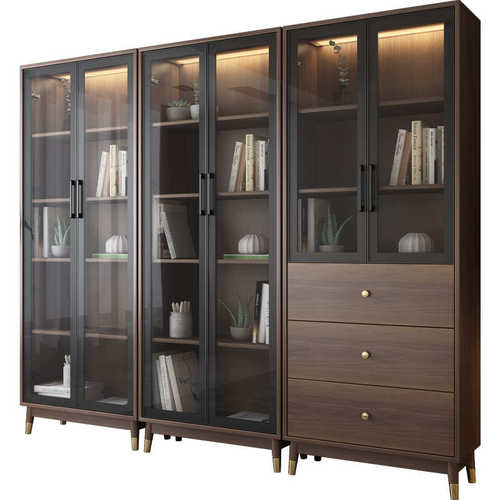 北欧简约带玻璃门书柜书架家用组合脚实木现代储物柜置物架书橱