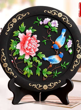 活性炭雕工艺品鸟语花香家居酒柜装饰品摆设乔迁新居摆件花鸟盘子