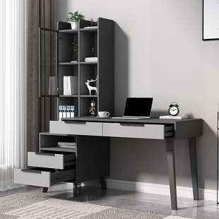 电脑台式桌实木书桌书架组合简约现代家用学生书柜一体卧室写字台