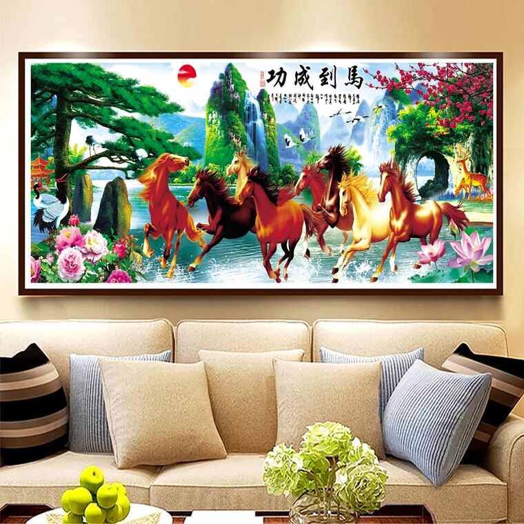 十字绣线绣2024新款客厅山水画马到成功绣绣大气自己满手工八骏图
