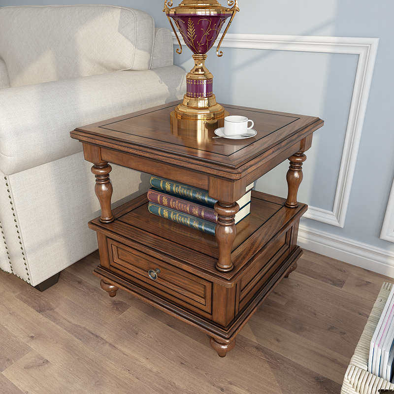 美式乡村全实木边几家具客厅沙发小方桌白蜡木复古角几茶几边桌