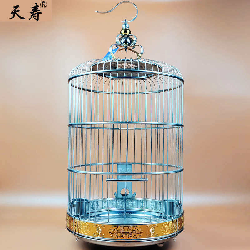 天寿不锈钢鸟笼百灵鸟笼子金属圆形大号加高大型豪华云雀鸟笼新款