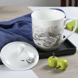 陶瓷茶杯带盖家用大容量办公室水杯景德镇青花瓷杯子定制骨瓷茶