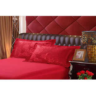 婚庆双人床单纯色加大被单拼接290结婚三件套提花枕头套红色磨毛