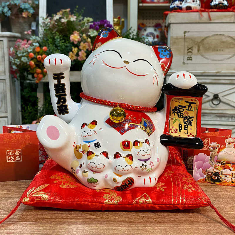 金石工坊千客万财号陶瓷摇客厅收银台招财猫旺中猫右手摆件来发财