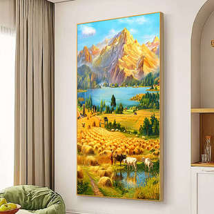 丰收入户玄关装饰画手绘油画金山聚宝盆客厅挂画竖版走廊过道壁画